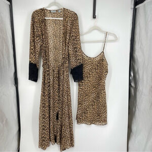 Valerie‎ Stevens Leopard & Lace Robe & Nightgown Sz L brown animal print